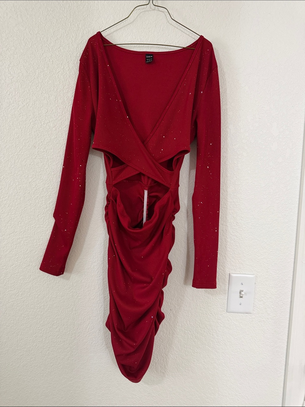 Red Long-Sleeve Ruched Bodycon Dress